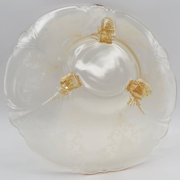 Vintage Heisey Etched Glass Sahara Yellow Empress Dolphin Three Footed Bowl 11" - Picture 8 of 11